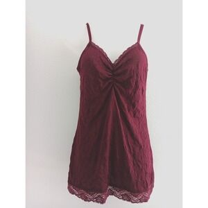 VTG Crinkle Cami Top Large Deep Red Y2K Babydoll Lace Trim Longline Stretch 90's